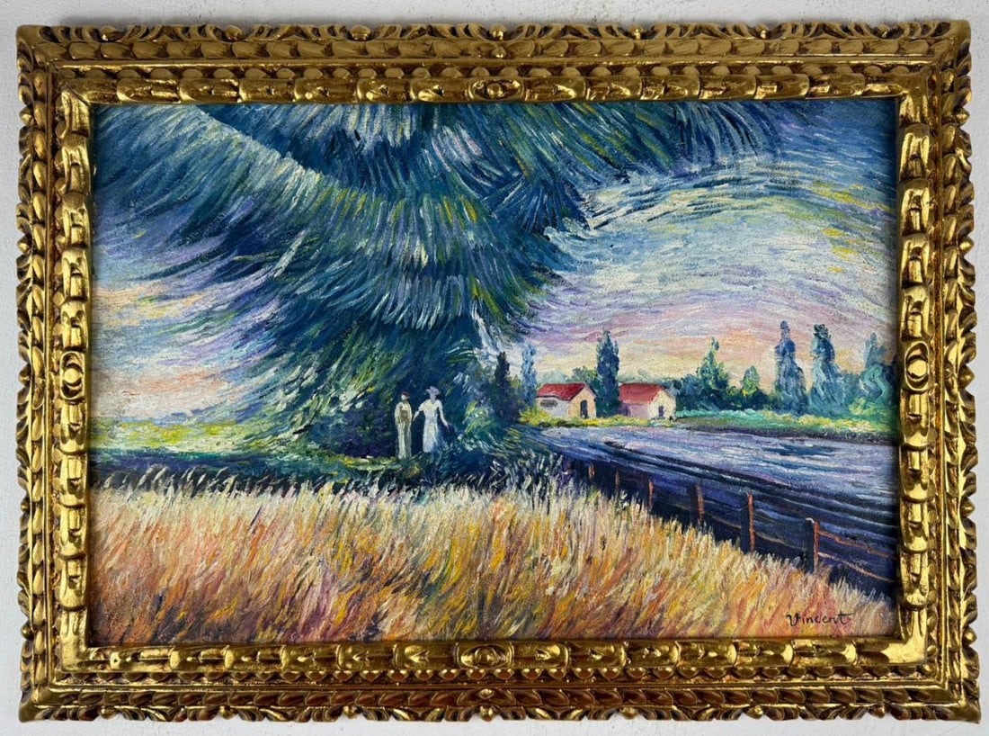 Vincent Van Gogh Dutch (Oil on Canvas Painting) in the style of: Rendered in the style of Vincent Van Gogh. Technique: Oil on canvas Painting. Measures: 21.5 x 29.5 Inches. Provenance:Private Collection Europe. "In the style of" means after the artist. The work is 