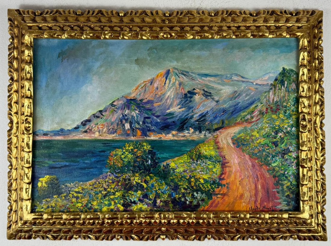 Claude Monet French (Oil on Canvas Painting) in the style of: Rendered in the style of Claude Monet. Technique: Oil on Canvas painting. Measures: 21.5 x 29.5 Inches aprox. Provenance: Private collection. "In the style of" means after the artist. The artwork is f