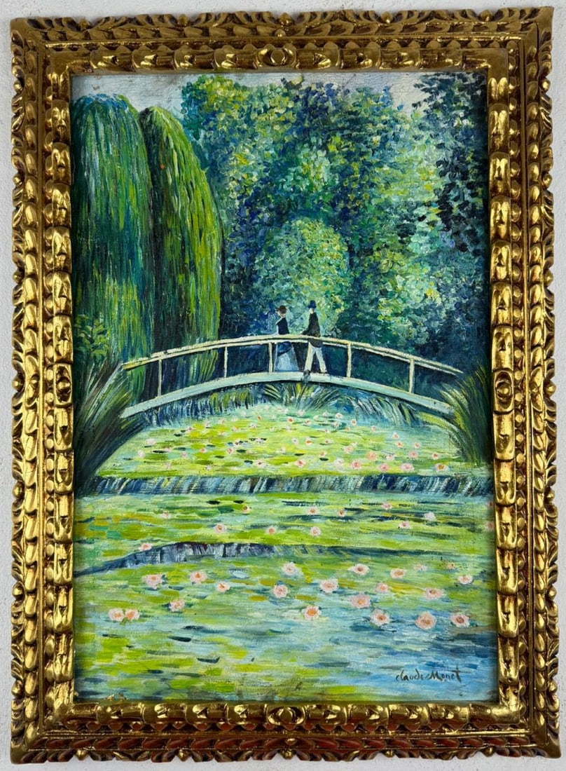 Claude Monet French (Oil on Canvas Painting) in the style of: Rendered in the style of Claude Monet. Technique: Oil on Canvas painting. Measures: 21.5 x 29.5 Inches aprox. Provenance: Private collection. "In the style of" means after the artist. The artwork is f