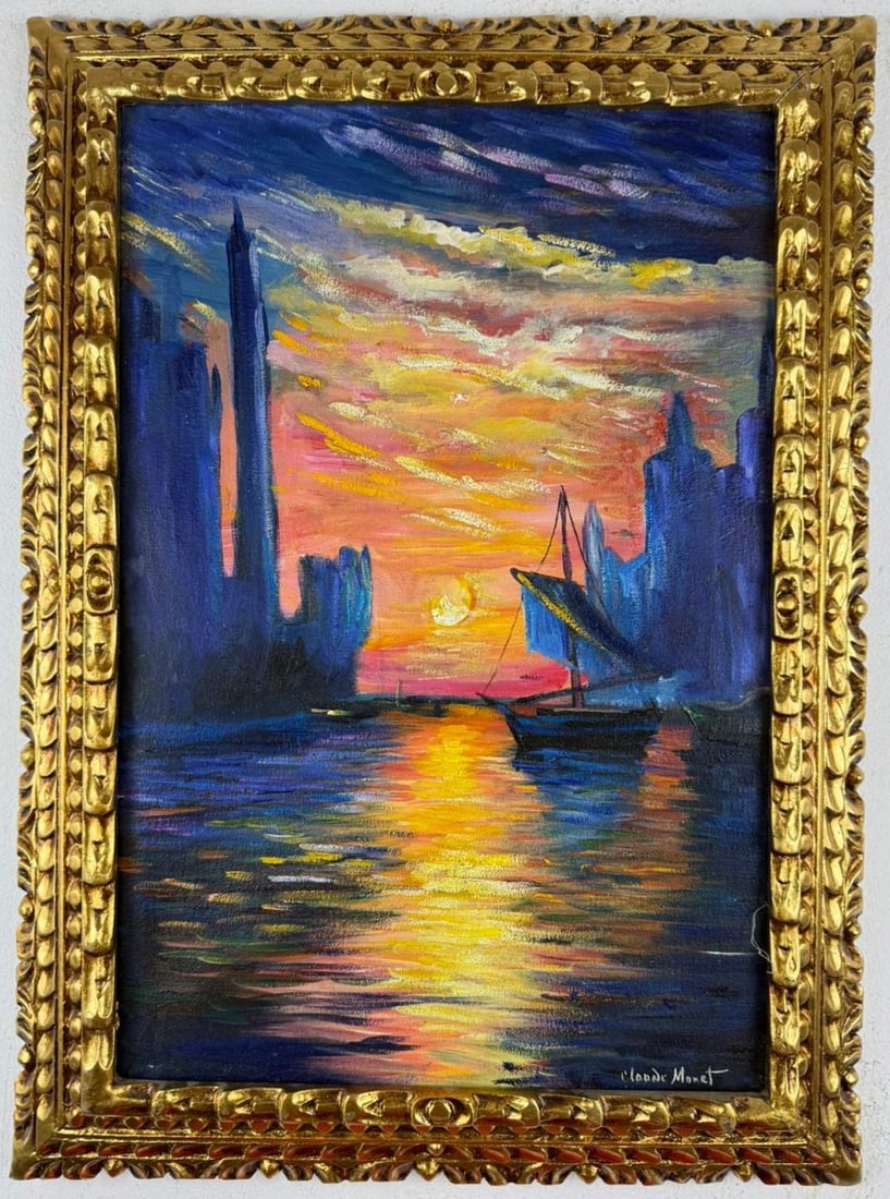 Claude Monet French (Oil on Canvas Painting) in the style of: Rendered in the style of Claude Monet. Technique: Oil on Canvas painting. Measures: 21.5 x 29.5 Inches aprox. Provenance: Private collection. "In the style of" means after the artist. The artwork is f