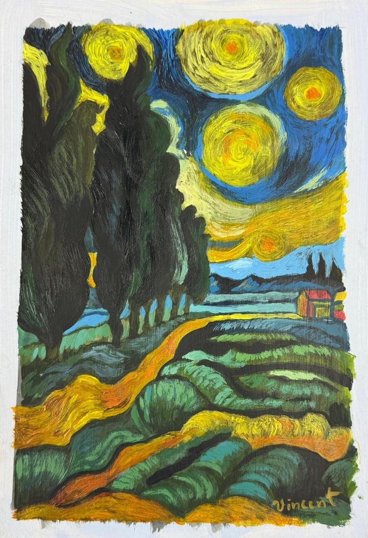 Vincent Van Gogh Dutch (Mixed Media on Paper Painting) In the style of (1 of 2)