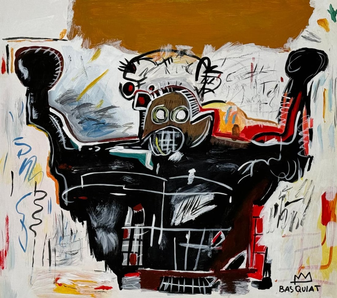 Jean-Michel Basquiat (Mixed media on Paper Painting) In the style of: Mixed media painting on paper, rendered in the style of Jean-Michel Basquiat. Measures: 9” x 10.5” Inches aprox. Provenance: Private Collection N.Y."In the style of" means after the artist
