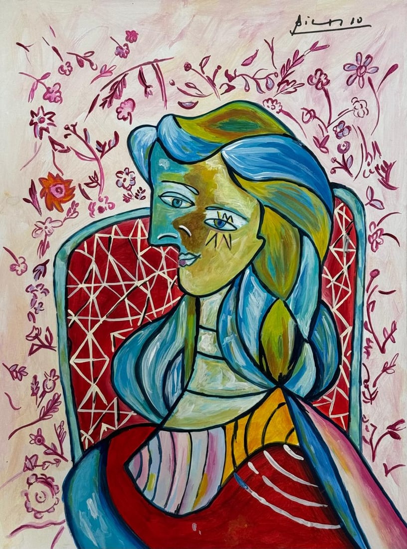 Pablo Picasso Spanish (Mixed media on Paper Painting) In the style of: Mixed media painting on paper, rendered in the style of Pablo Picasso. Measures: 8” x 11” Inches aprox. Provenance: Private Collection."In the style of" means after the artist. Picasso liv
