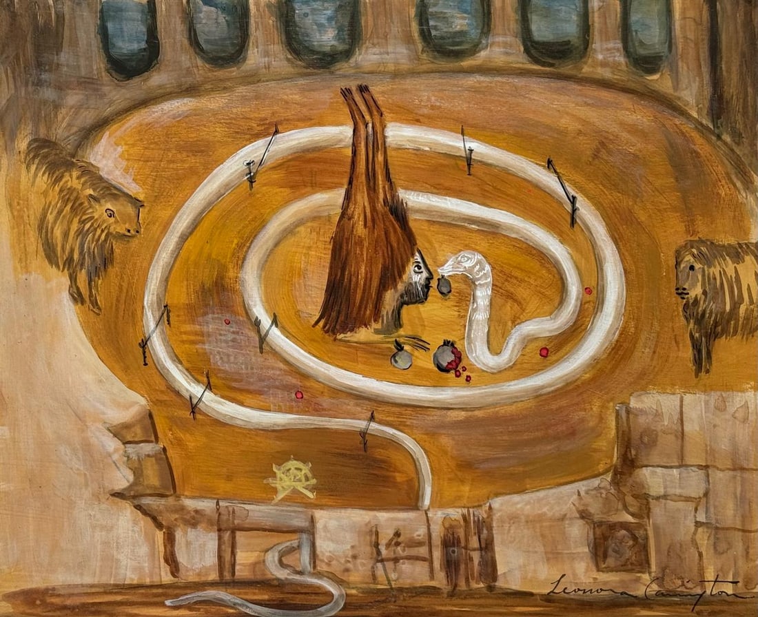 Leonora Carrington (Mixed media on Paper Painting) In the style of: Mixed media painting on paper, rendered in the style of Leonora Carrington. Measures: 8” x 11” Inches aprox. Provenance: Private Collection."In the style of" means after the artist. Carrin