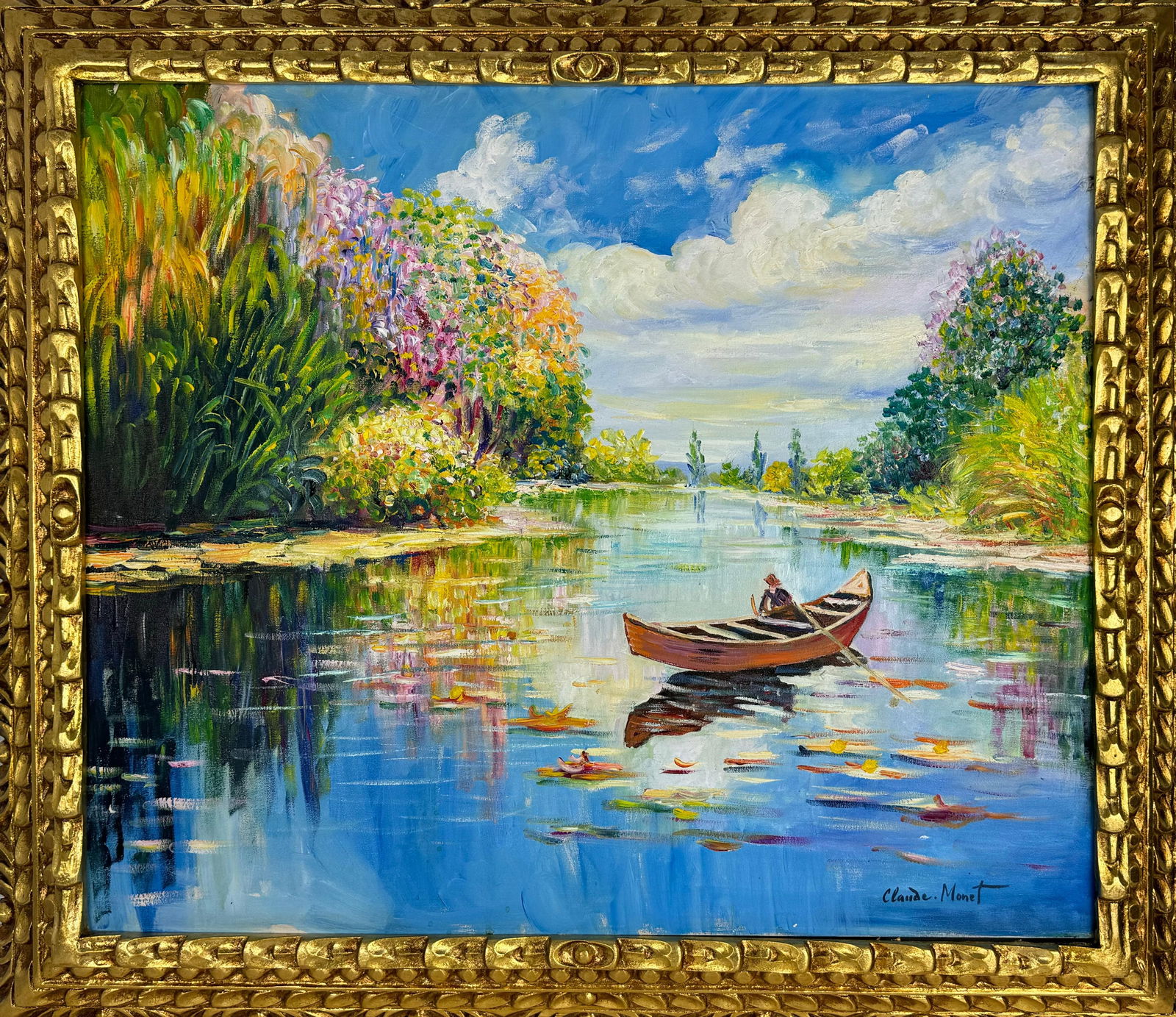 Claude Monet French (Oil on Canvas Painting) in the style of: Rendered in the style of Claude Monet. Technique: Oil on Canvas painting. Measures: 25 x 29 Inches aprox. Provenance: Private collection. "In the style of" means after the artist. The artwork is frame