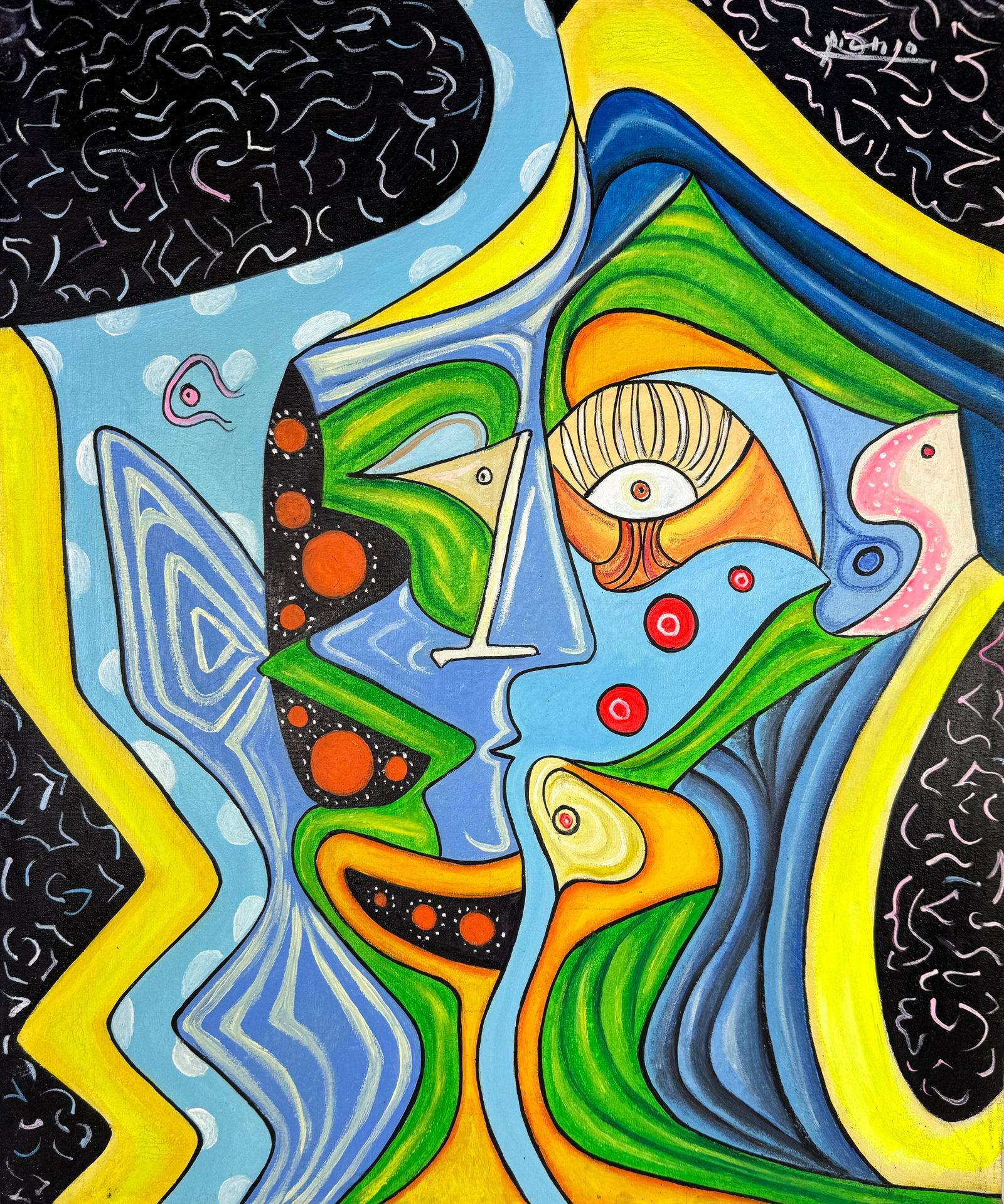 Pablo Picasso Spanish (Oil on Canvas Painting) In the style of: Rendered in the style of Pablo Picasso. Technique: Oil on Canvas painting. Measures: 19.5 x 23.5 Inches aprox. Provenance: Private collection Europe."In the style of" means after the artist, see photo