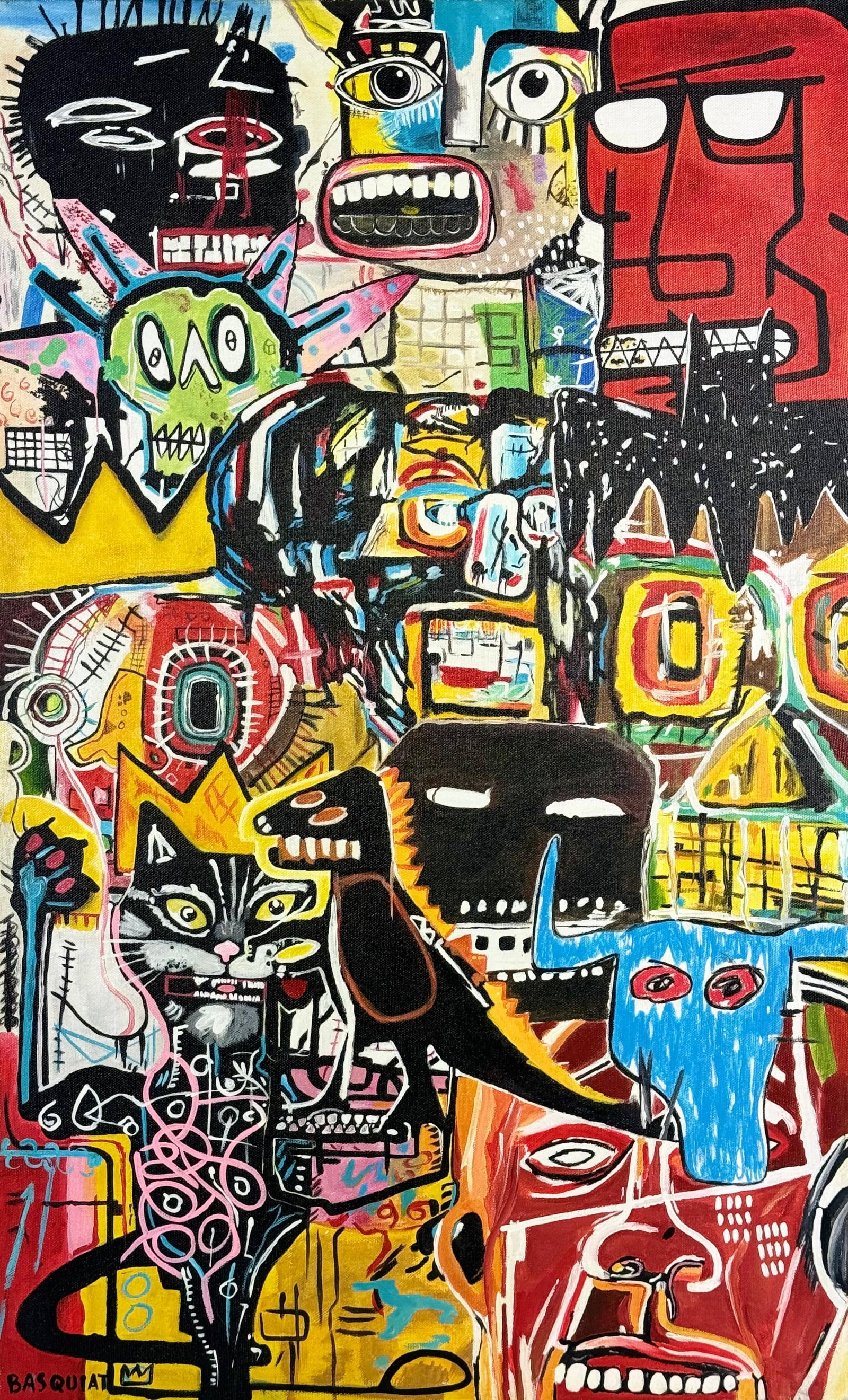 Jean-Michel Basquiat (Acrylic on Canvas Painting) in the style of: Rendered in the style of Jean-Michel Basquiat. Technique: Acrylic on Canvas painting. Measures: 15.5 x 25.5 Inches aprox. Provenance: Private collection. "In the style of" means after the artist. Basq