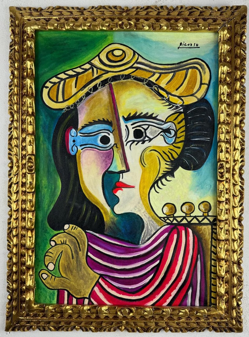 Pablo Picasso Spanish (Oil on Canvas Painting) In the style of: Rendered in the style of Pablo Picasso. Technique: Oil on Canvas painting. Measures: 21.5 x 29 Inches aprox. Provenance: Private collection."In the style of" means after the artist. The artwork is fra