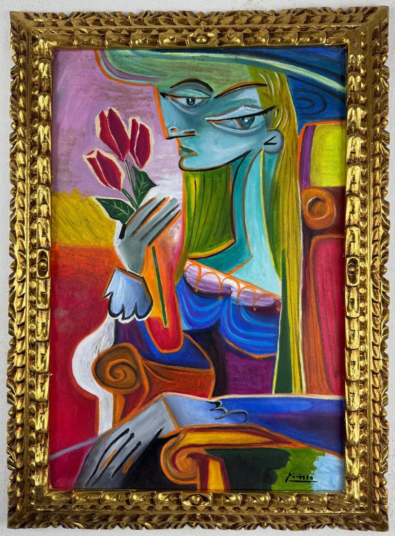Pablo Picasso Spanish (Oil on Canvas Painting) In the style of: Rendered in the style of Pablo Picasso. Technique: Oil on Canvas painting. Measures: 21.5 x 29 Inches aprox. Provenance: Private collection."In the style of" means after the artist. The artwork is fra