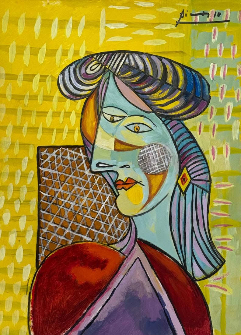 Pablo Picasso Spanish (Mixed media on Paper Painting) In the style of: Mixed media painting on paper, rendered in the style of Pablo Picasso. Measures: 8” x 11” Inches aprox. Provenance: Private Collection."In the style of" means after the artist. Picasso liv