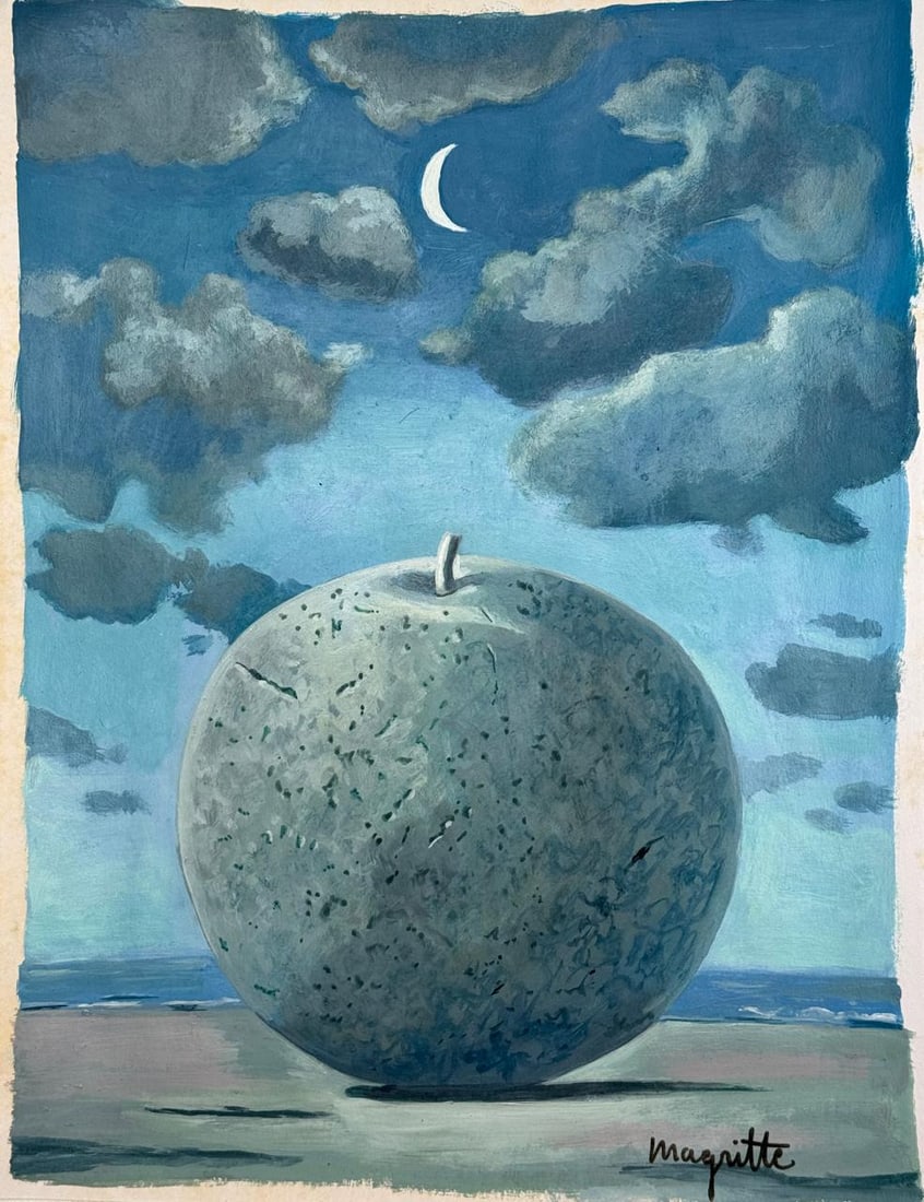 Rene Magritte (Mixed Media On Paper Painting) In the style of: Mixed media painting on paper, rendered in the style of Rene Magritte. Measures: 8” x 10.5” Inches aprox. Provenance: Private Collection. "In the style of" means after the artist. Magritte
