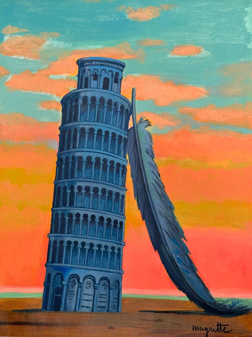 Rene Magritte (Mixed Media On Paper Painting) In the style of: Mixed media painting on paper, rendered in the style of Rene Magritte. Measures: 8” x 11” Inches aprox. Provenance: Private Collection. "In the style of" means after the artist. Magritte l