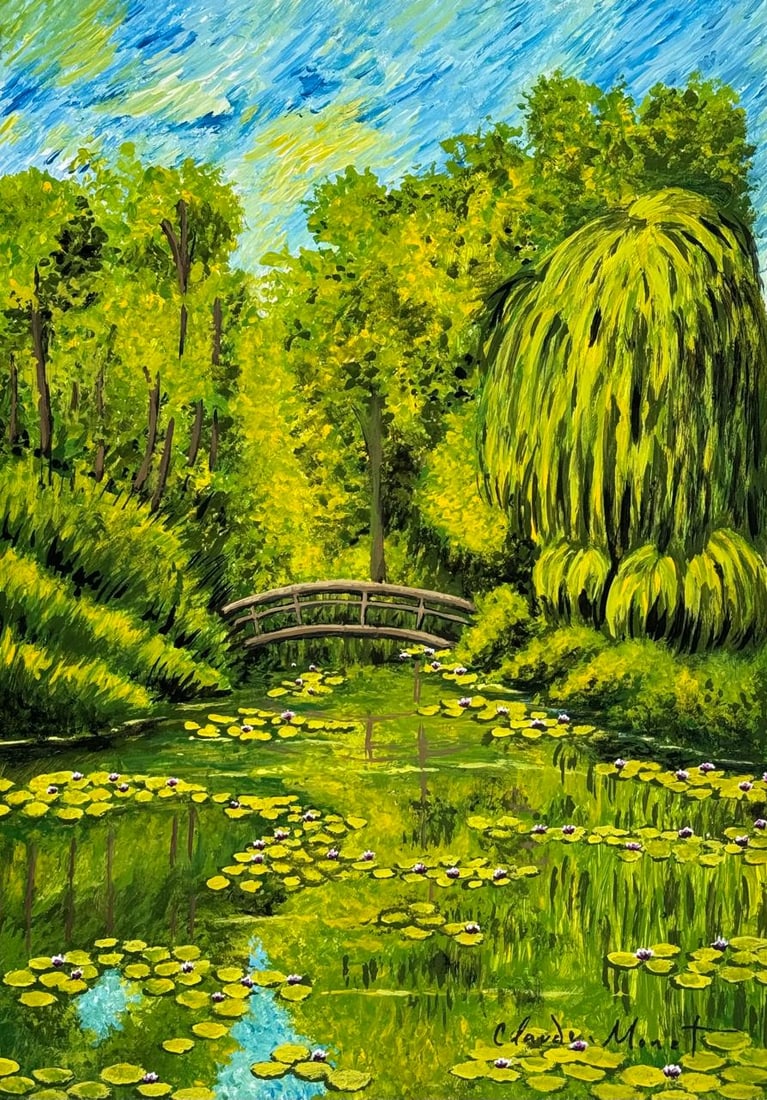 Claude Monet French (Mixed media on Paper Painting) In the style of: Mixed media painting on paper, rendered in the style of Claude Monet. Measures: 8.5” x 12” Inches aprox. Provenance: Private Collection."In the style of" means after the artist. Monet live