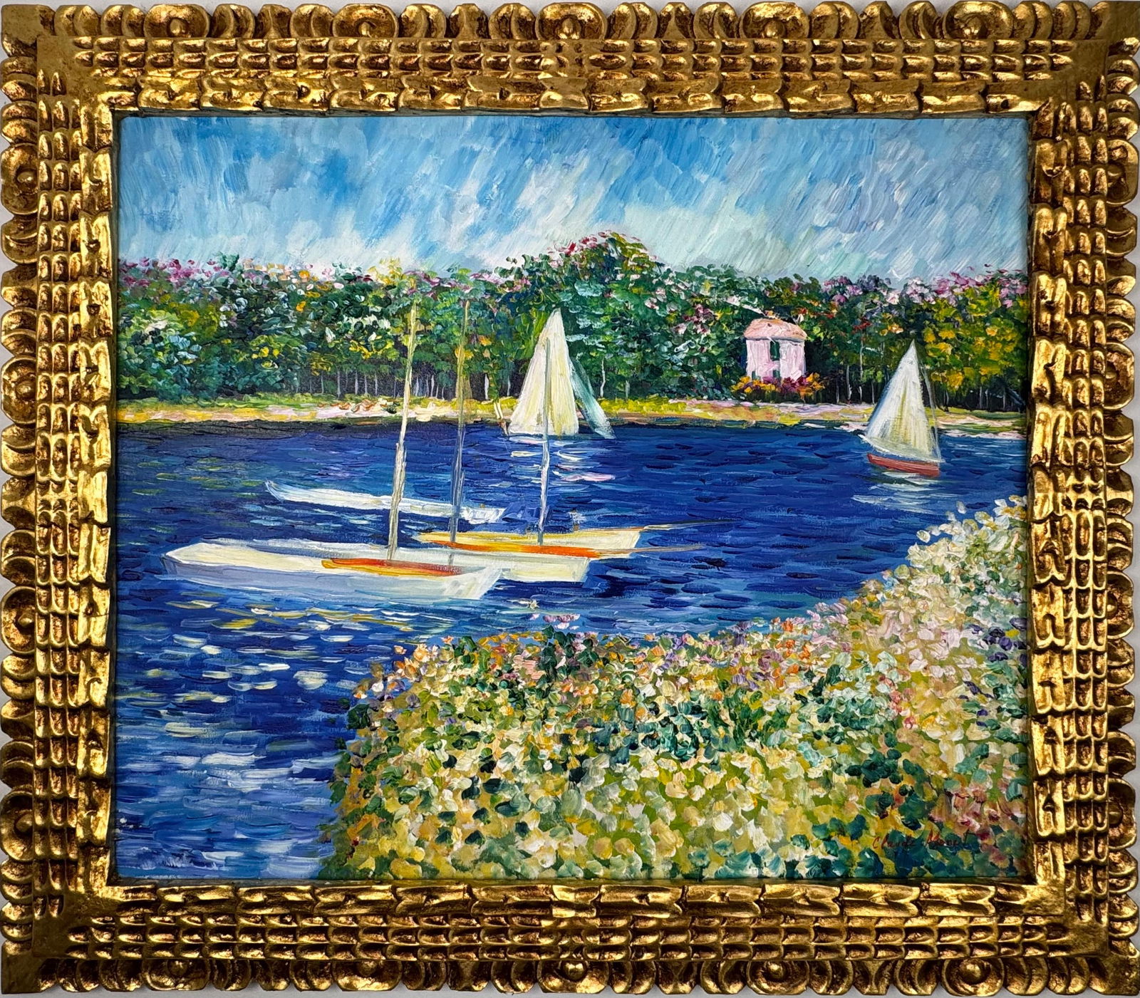 Claude Monet French (Oil on Canvas Painting) in the style of: Rendered in the style of Claude Monet. Technique: Oil on Canvas painting. Measures: 25.5 x 29.5 Inches aprox. Provenance: Private collection. "In the style of" means after the artist. The artwork is f