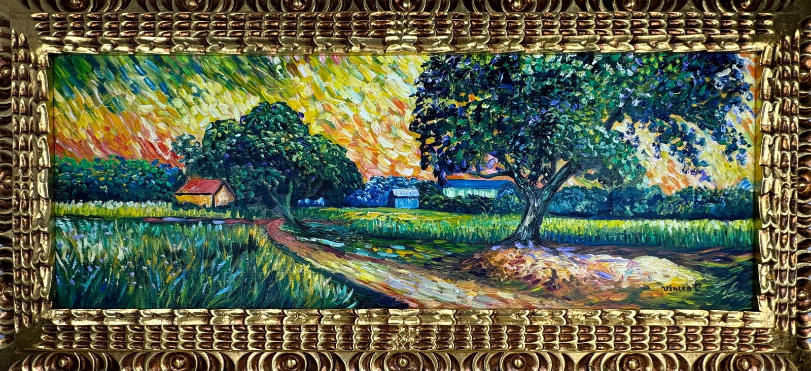 Vincent Van Gogh Dutch (Oil on Canvas Painting) in the style of: Rendered in the style of Vincent Van Gogh. Technique: Oil on canvas Painting. Measures: 17 x 37 Inches. Provenance:Private Collection Europe. "In the style of" means after the artist. The work is fram