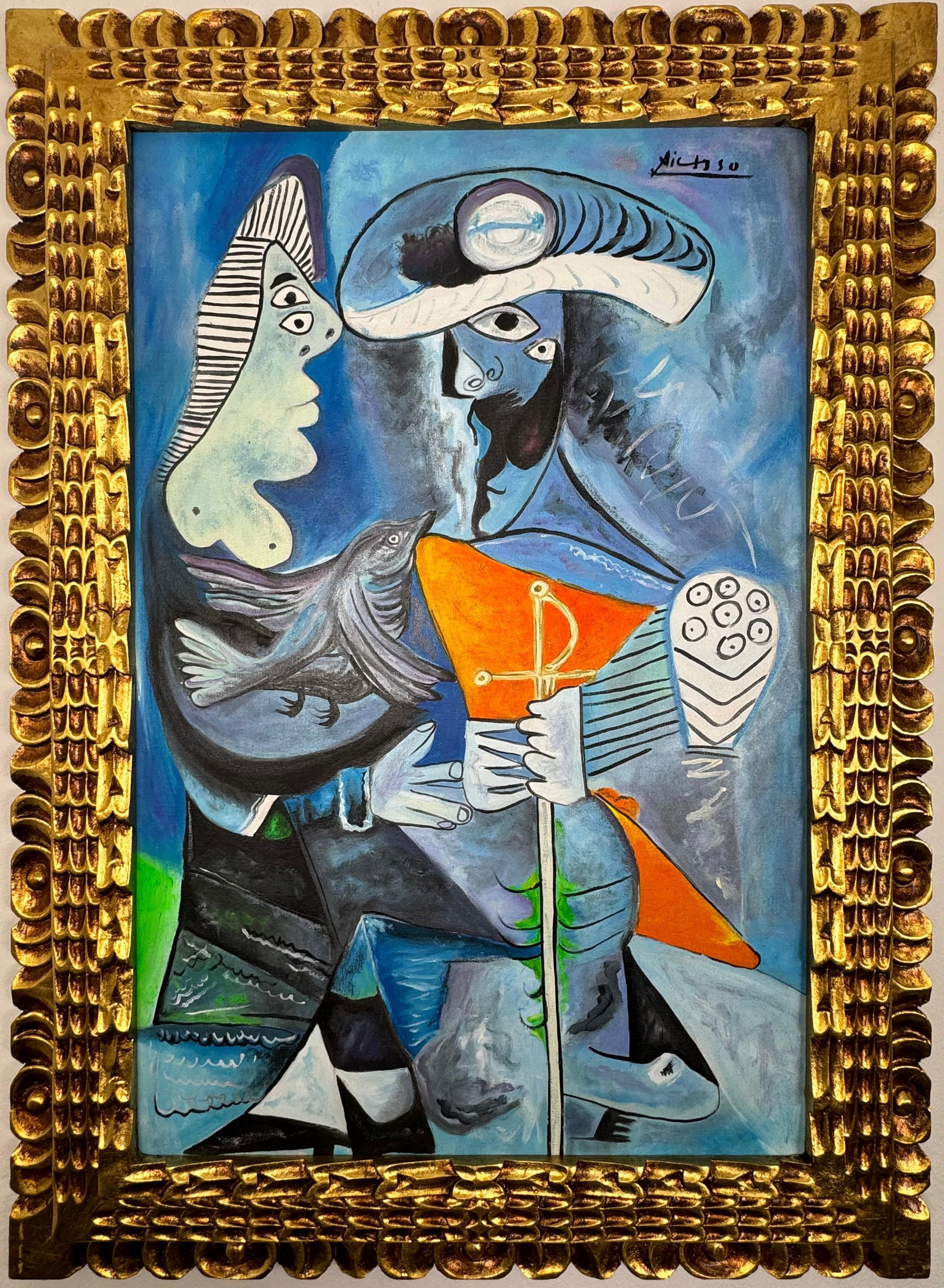 Pablo Picasso Spanish (Oil on Canvas Painting) In the style of: Rendered in the style of Pablo Picasso. Technique: Oil on Canvas painting. Measures: 21.5 x 29.5 Inches aprox. Provenance: Private collection."In the style of" means after the artist. The artwork is f