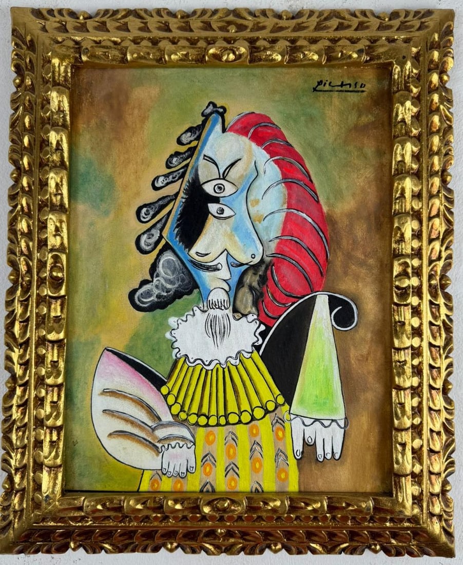 Pablo Picasso Spanish (Oil on Canvas Painting) In the style of: Rendered in the style of Pablo Picasso. Technique: Oil on Canvas painting. Measures: 16.5 x 20.5 Inches aprox. Provenance: Private collection."In the style of" means after the artist. The artwork is f