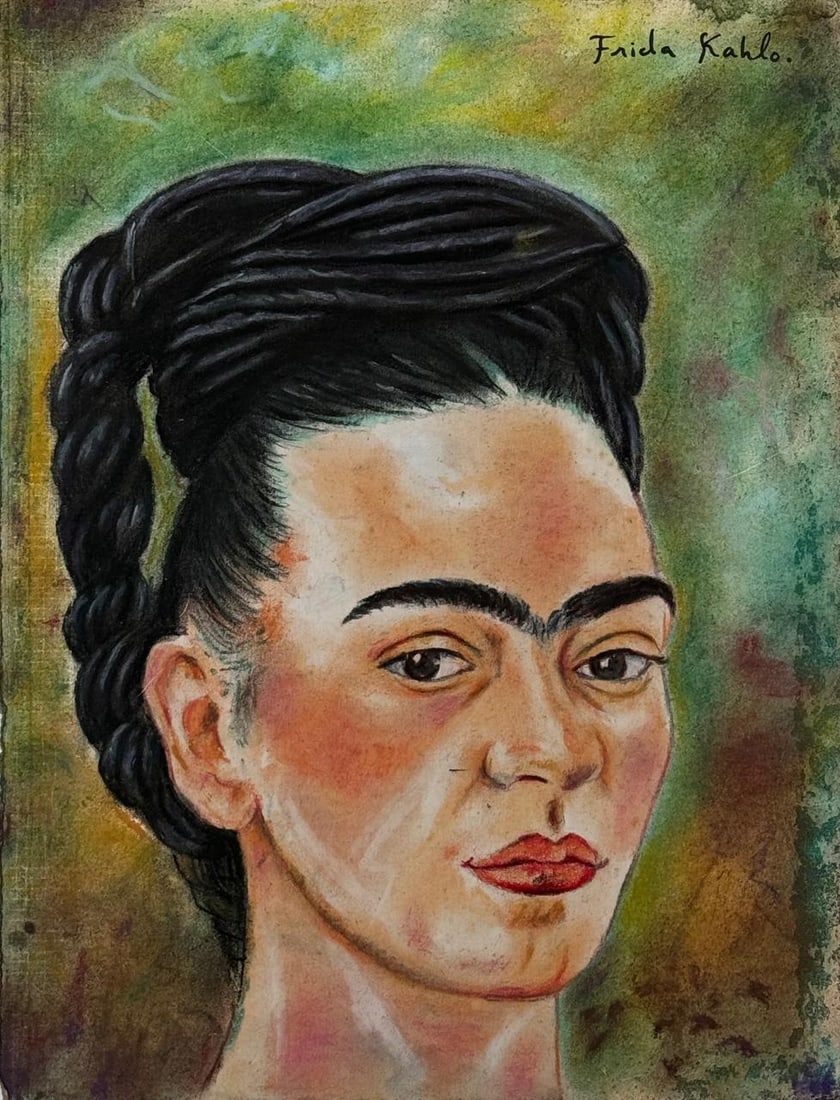 Frida Kahlo Mexican (Mixed media on Paper Painting) In the style of: Mixed media painting on paper, rendered in the style of Frida Kahlo. Measures: 7.5” x 10” Inches aprox. Provenance: Private Collection Mexico."In the style of" means after the artist. Kahl