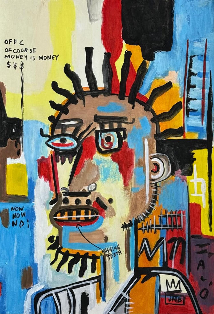 Jean-Michel Basquiat (Mixed media on Paper Painting) In the style of: Mixed media painting on paper, rendered in the style of Jean-Michel Basquiat. Measures: 8” x 12” Inches aprox. Provenance: Private Collection N.Y."In the style of" means after the artist. 
