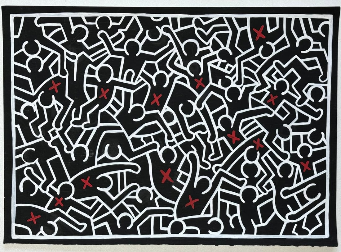 Keith Haring American (Mixed media on Paper Painting) In the style of: Mixed media painting on paper, rendered in the style of Keith Haring. Measures: 8.5” x 12” Inches aprox. Provenance: Private Collection."In the style of" means after the artist. Haring liv