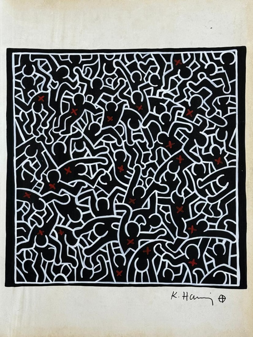 Keith Haring American (Mixed media on Paper Painting) In the style of (1 of 4)