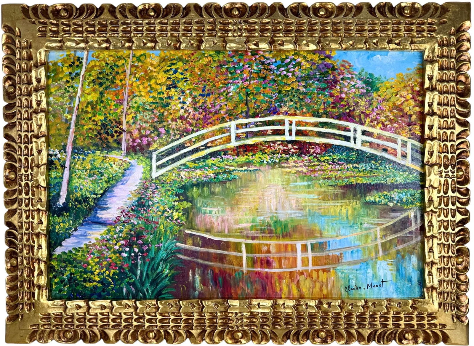 Claude Monet French (Oil on Canvas Painting) in the style of: Rendered in the style of Claude Monet. Technique: Oil on Canvas painting. Measures: 21.5 x 29.5 Inches aprox. Provenance: Private collection. "In the style of" means after the artist. The artwork is f