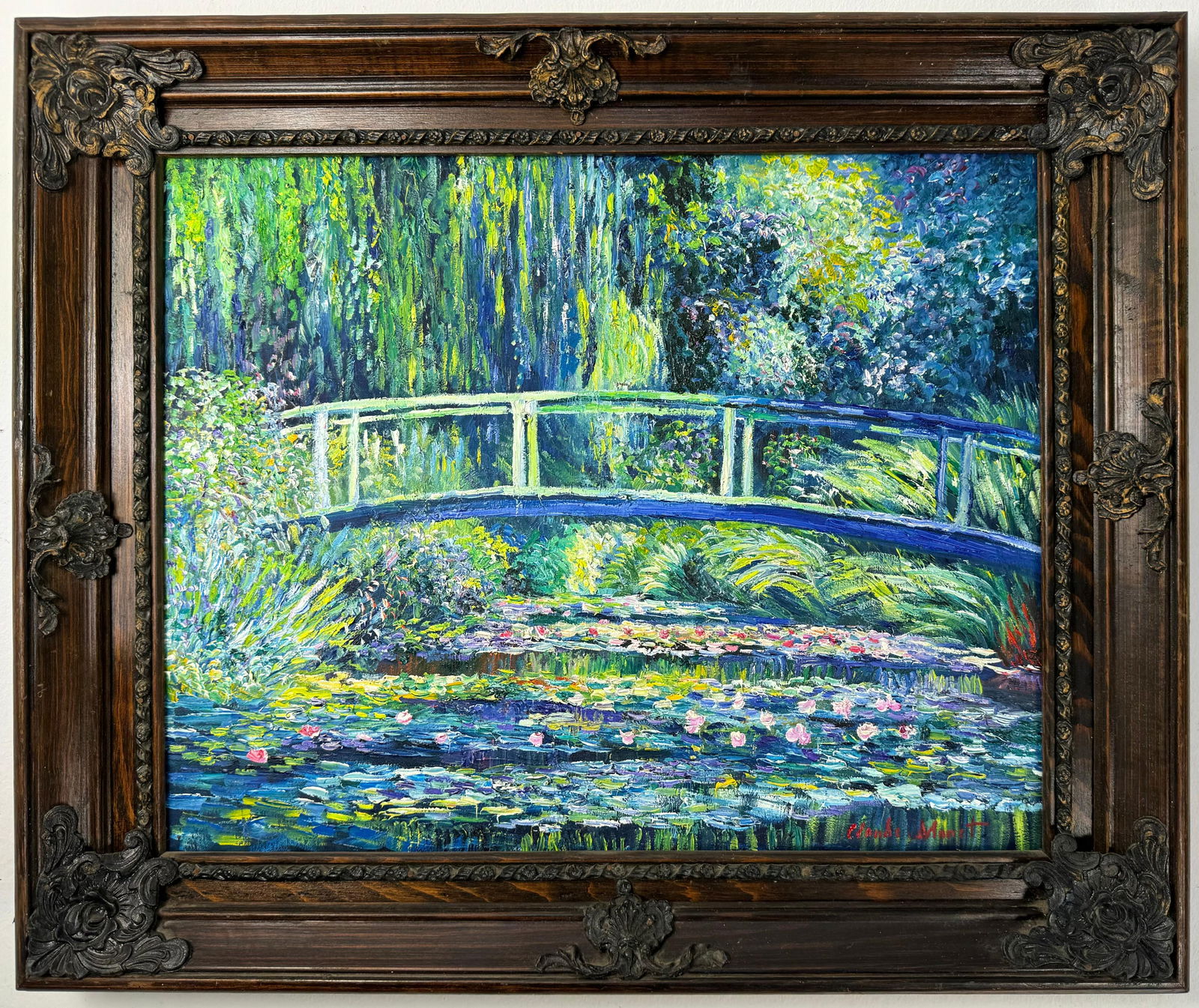 Claude Monet French (Oil on Canvas Painting) in the style of: Rendered in the style of Claude Monet. Technique: Oil on Canvas painting. Measures: 20.5 x 24.5 Inches aprox. Provenance: Private collection. "In the style of" means after the artist. The artwork is f