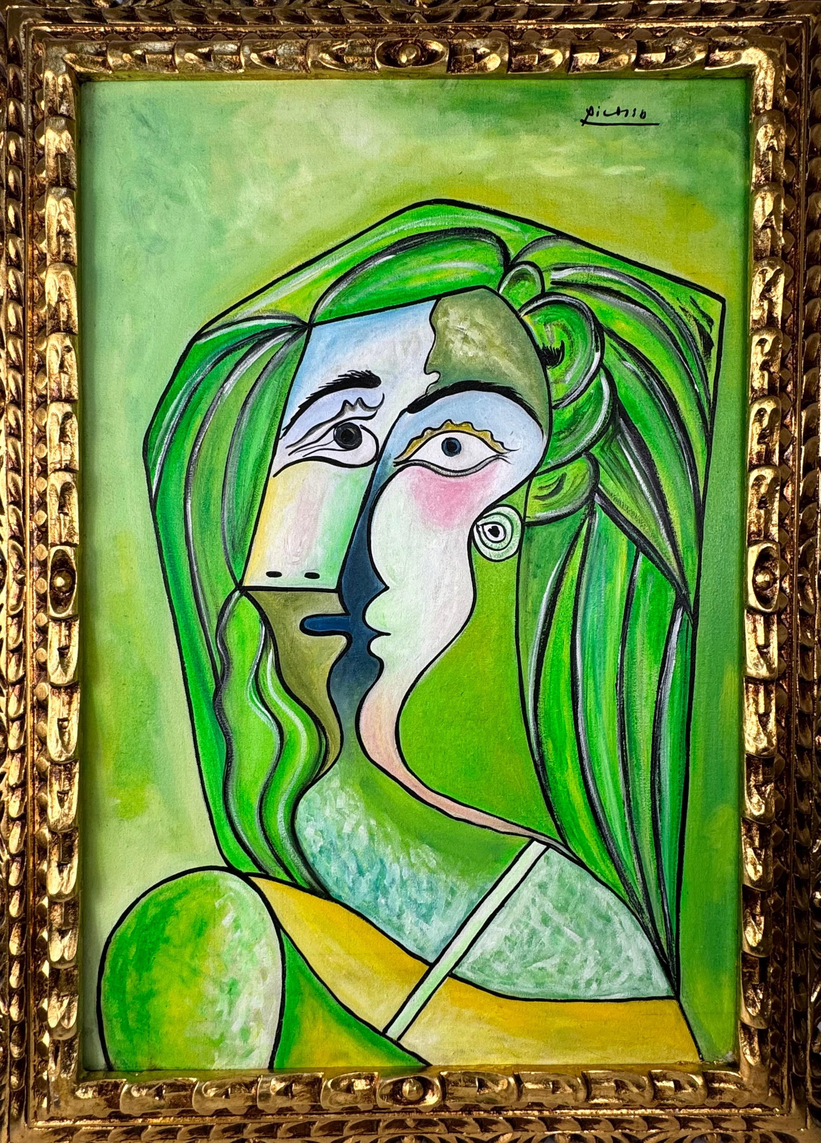Pablo Picasso Spanish (Oil on Canvas Painting) In the style of: Rendered in the style of Pablo Picasso. Technique: Oil on Canvas painting. Measures: 21 x 29 Inches aprox. Provenance: Private collection."In the style of" means after the artist. The artwork is frame