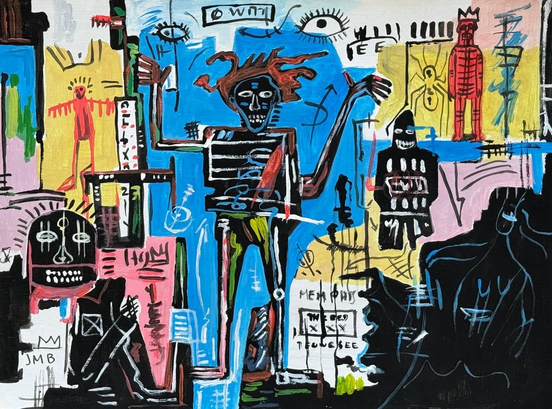 Jean-Michel Basquiat (Mixed media on Paper Painting) In the style of: Mixed media painting on paper, rendered in the style of Jean-Michel Basquiat. Measures: 8.5” x 11.5” Inches aprox. Provenance: Private Collection N.Y."In the style of" means after the arti