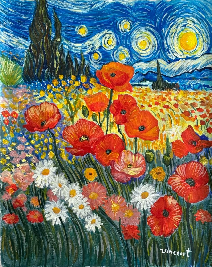 Vincent Van Gogh Dutch (Mixed Media on Paper Painting) In the style of (1 of 4)