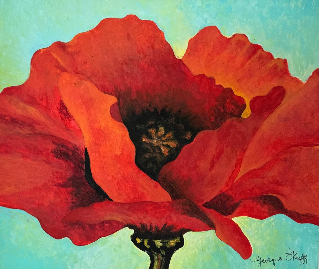 Georgia O'Keeffe (Mixed Media On Paper Painting) In the style of: Mixed media painting on paper, rendered in the style of Georgia O'Keeffe. Measures: 10” x 12” Inches aprox. Provenance: Private Collection. "In the style of" means after the artist. O'Keef