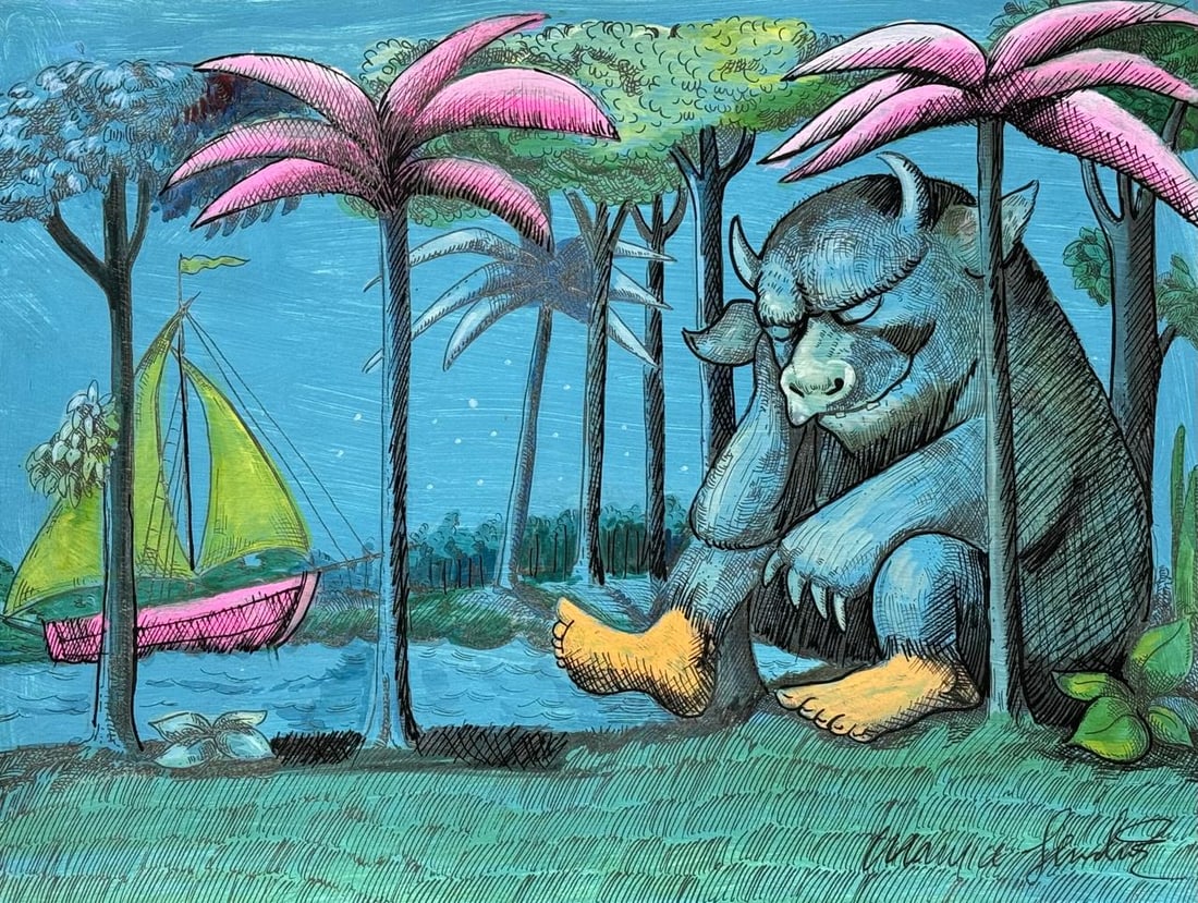 Maurice Sendak (Mixed media on Paper Painting) In the style of: Mixed media painting on paper, rendered in the style of Maurice Sendak. Measures: 9” x 11.5” Inches aprox. Provenance: Private Collection."In the style of" means after the artist. Sendak l