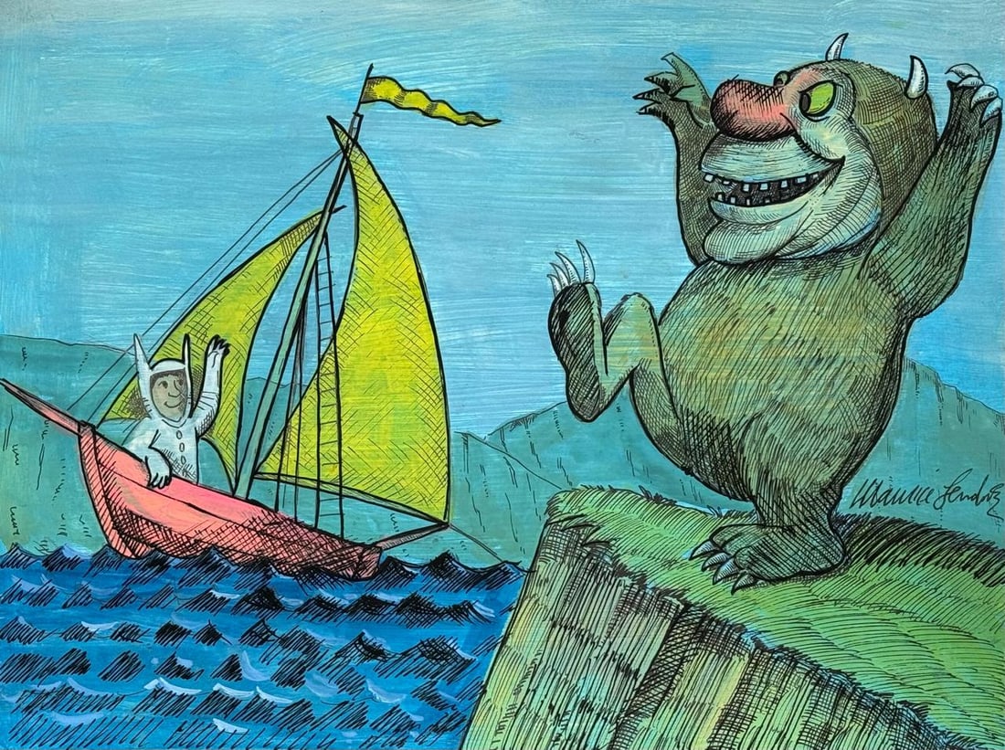 Maurice Sendak (Mixed media on Paper Painting) In the style of: Mixed media painting on paper, rendered in the style of Maurice Sendak. Measures: 9” x 11.5” Inches aprox. Provenance: Private Collection."In the style of" means after the artist. Sendak l