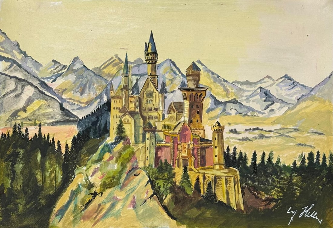 Adolf Hitler (Mixed media on Paper Painting) In the style of: Mixed media painting on paper, rendered in the style of Adolf Hitler. Measures: 9” x 13” Inches aprox. Provenance: Private Collection."In the style of" means after the artist. Hitler lived