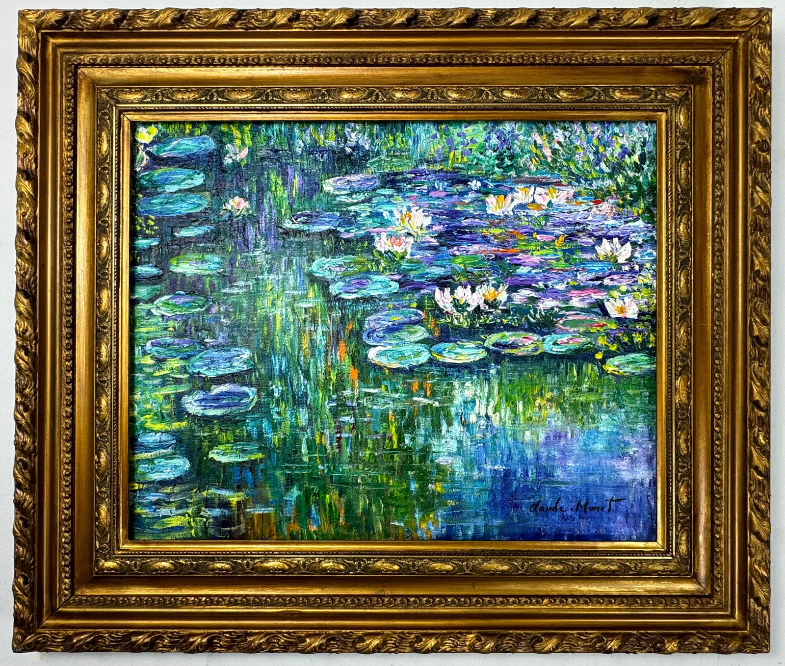 Claude Monet French (Oil on Canvas Painting) in the style of: Rendered in the style of Claude Monet. Technique: Oil on Canvas painting. Measures: 23 x 27 Inches aprox. Provenance: Private collection. "In the style of" means after the artist. The artwork is frame