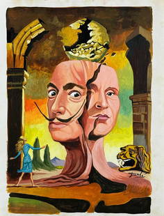 Salvador Dali Spanish (Mixed Media On Paper Painting) In the style of: Mixed media painting on paper,Rendered in the style of Salvador Dali. Measures: 9&rdquo; x 11.5&rdquo; Inches aprox. Provenance: Private Collection."In the style of" means after the artist. Dali lived