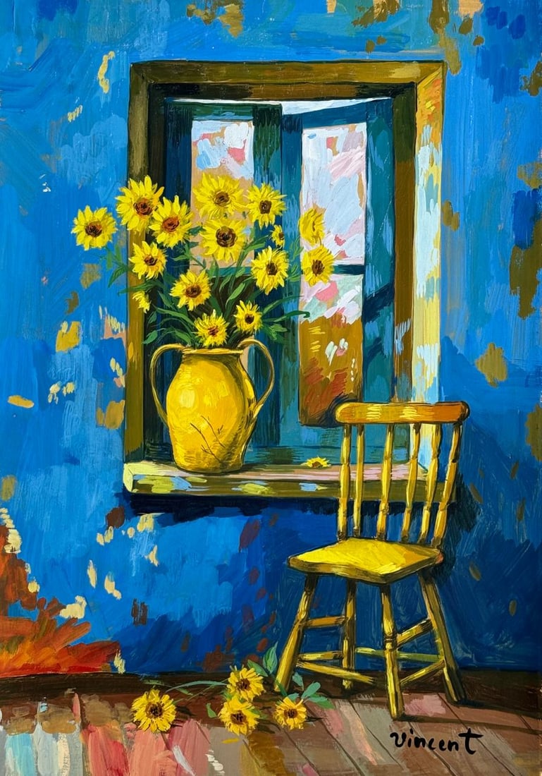 Vincent Van Gogh Dutch (Mixed Media on Paper Painting) In the style of (1 of 4)