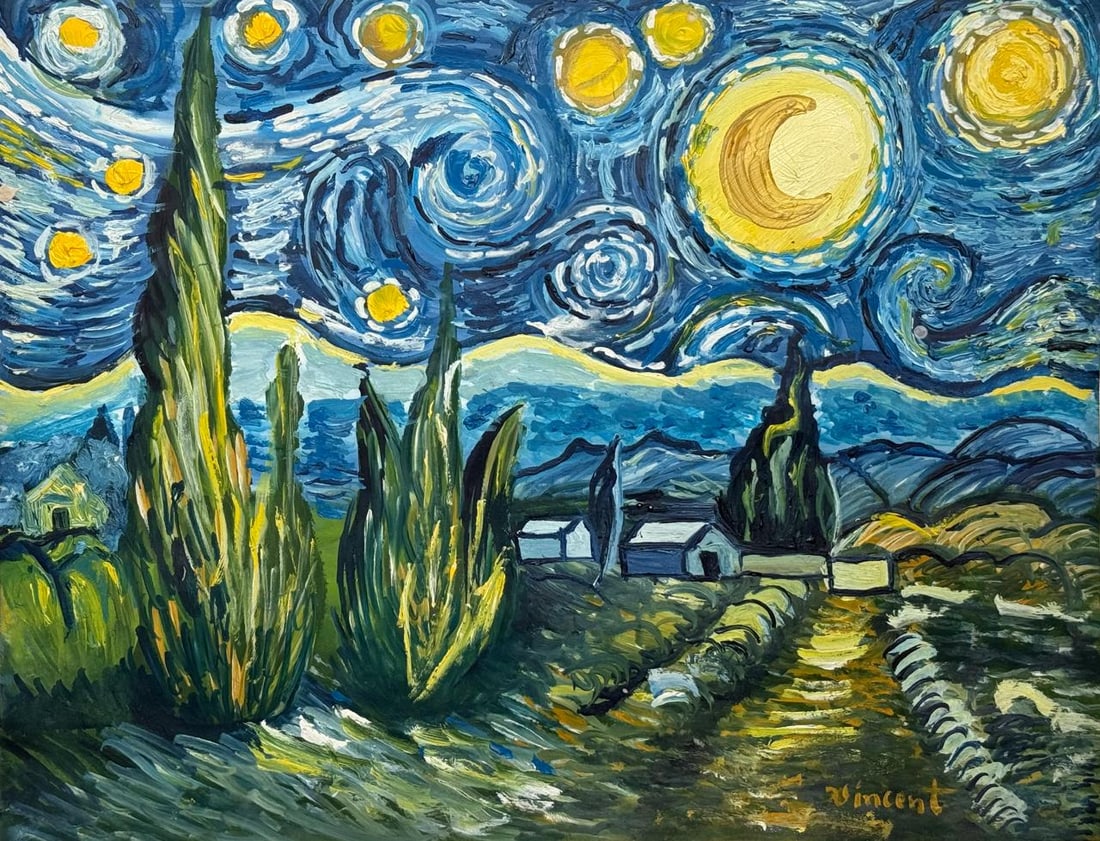 Vincent Van Gogh Dutch (Mixed Media on Paper Painting) In the style of (1 of 4)