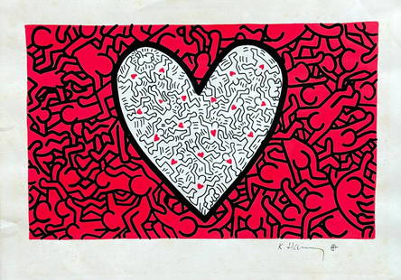 Keith Haring American (Mixed media on Paper Painting) In the style of: Mixed media painting on paper, rendered in the style of Keith Haring. Measures: 8.5&rdquo; x 12&rdquo; Inches aprox. Provenance: Private Collection."In the style of" means after the artist. Haring liv