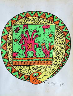 Keith Haring American (Mixed media on Paper Painting) In the style of: Mixed media painting on paper, rendered in the style of Keith Haring. Measures: 8&rdquo; x 11&rdquo; Inches aprox. Provenance: Private Collection."In the style of" means after the artist. Haring lived