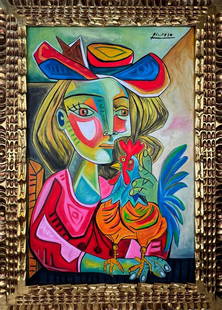 Pablo Picasso Spanish (Oil on Canvas Painting) In the style of: Rendered in the style of Pablo Picasso. Technique: Oil on Canvas painting. Measures: 21.5 x 29.5 Inches aprox. Provenance: Private collection."In the style of" means after the artist. The artwork is f