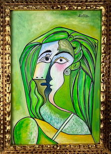 Pablo Picasso Spanish (Oil on Canvas Painting) In the style of: Rendered in the style of Pablo Picasso. Technique: Oil on Canvas painting. Measures: 21 x 29 Inches aprox. Provenance: Private collection."In the style of" means after the artist. The artwork is frame