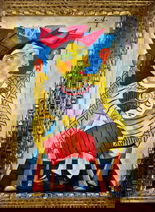 Pablo Picasso Spanish (Oil on Canvas Painting) In the style of: Rendered in the style of Pablo Picasso. Technique: Oil on Canvas painting. Measures: 22 x 30 Inches aprox. Provenance: Private collection."In the style of" means after the artist. The artwork is frame