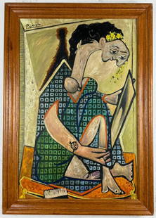 Pablo Picasso Spanish (Oil on Canvas Painting) In the style of: Rendered in the style of Pablo Picasso. Technique: Oil on Canvas painting. Measures: 21 x 29 Inches aprox. Provenance: Private collection."In the style of" means after the artist. The artwork is frame