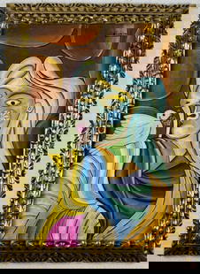 Pablo Picasso Spanish (Oil on Canvas Painting) In the style of: Rendered in the style of Pablo Picasso. Technique: Oil on Canvas painting. Measures: 21 x 29 Inches aprox. Provenance: Private collection."In the style of" means after the artist. The artwork is frame