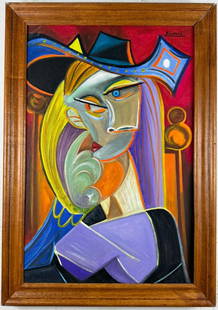 Pablo Picasso Spanish (Oil on Canvas Painting) In the style of: Rendered in the style of Pablo Picasso. Technique: Oil on Canvas painting. Measures: 21 x 29 Inches aprox. Provenance: Private collection."In the style of" means after the artist. The artwork is frame