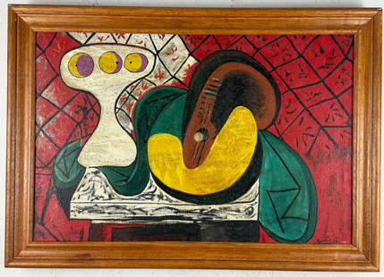 Pablo Picasso Spanish (Oil on Canvas Painting) In the style of: Rendered in the style of Pablo Picasso. Technique: Oil on Canvas painting. Measures: 21 x 29 Inches aprox. Provenance: Private collection."In the style of" means after the artist. The artwork is frame