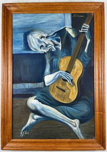 Pablo Picasso Spanish (Oil on Canvas Painting) In the style of: Rendered in the style of Pablo Picasso. Technique: Oil on Canvas painting. Measures: 21 x 29 Inches aprox. Provenance: Private collection."In the style of" means after the artist. The artwork is frame