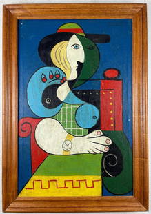 Pablo Picasso Spanish (Oil on Canvas Painting) In the style of: Rendered in the style of Pablo Picasso. Technique: Oil on Canvas painting. Measures: 21 x 29 Inches aprox. Provenance: Private collection."In the style of" means after the artist. The artwork is frame