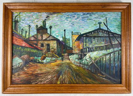 Vincent Van Gogh Dutch (Oil on Canvas Painting) in the style of: Rendered in the style of Vincent Van Gogh. Technique: Oil on canvas Painting. Measures: 21 x 29 Inches. Provenance:Private Collection. "In the style of" means after the artist. The work is framed. Van